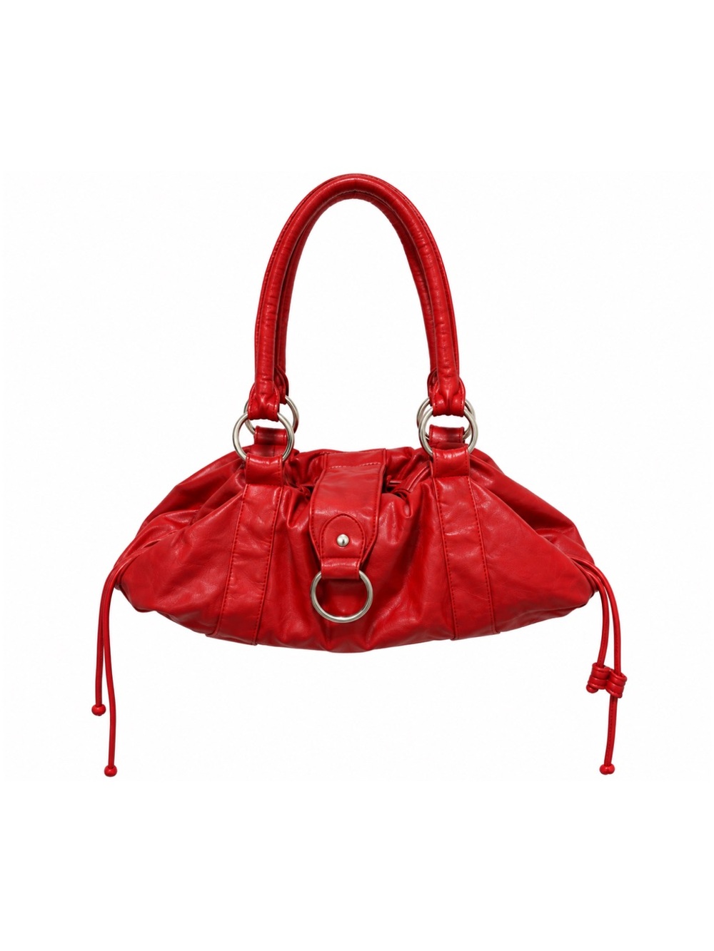 Y2K Vintage Red Leather Shoulder Bag with Silver Rings